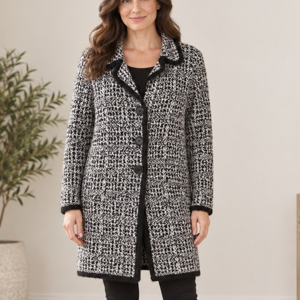 Knitworks Womens Black White Tweed Knit Button Down Cardigan Sweater Size L